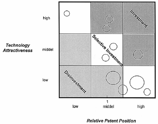 αναφέρονται σε αυτή (technology attractiveness). Οι κύκλοι συμβολίζουν τα διάφορα τεχνολογικά πεδία. Πηγή: H. Ernst, (1998) Διάγραμμα 4.