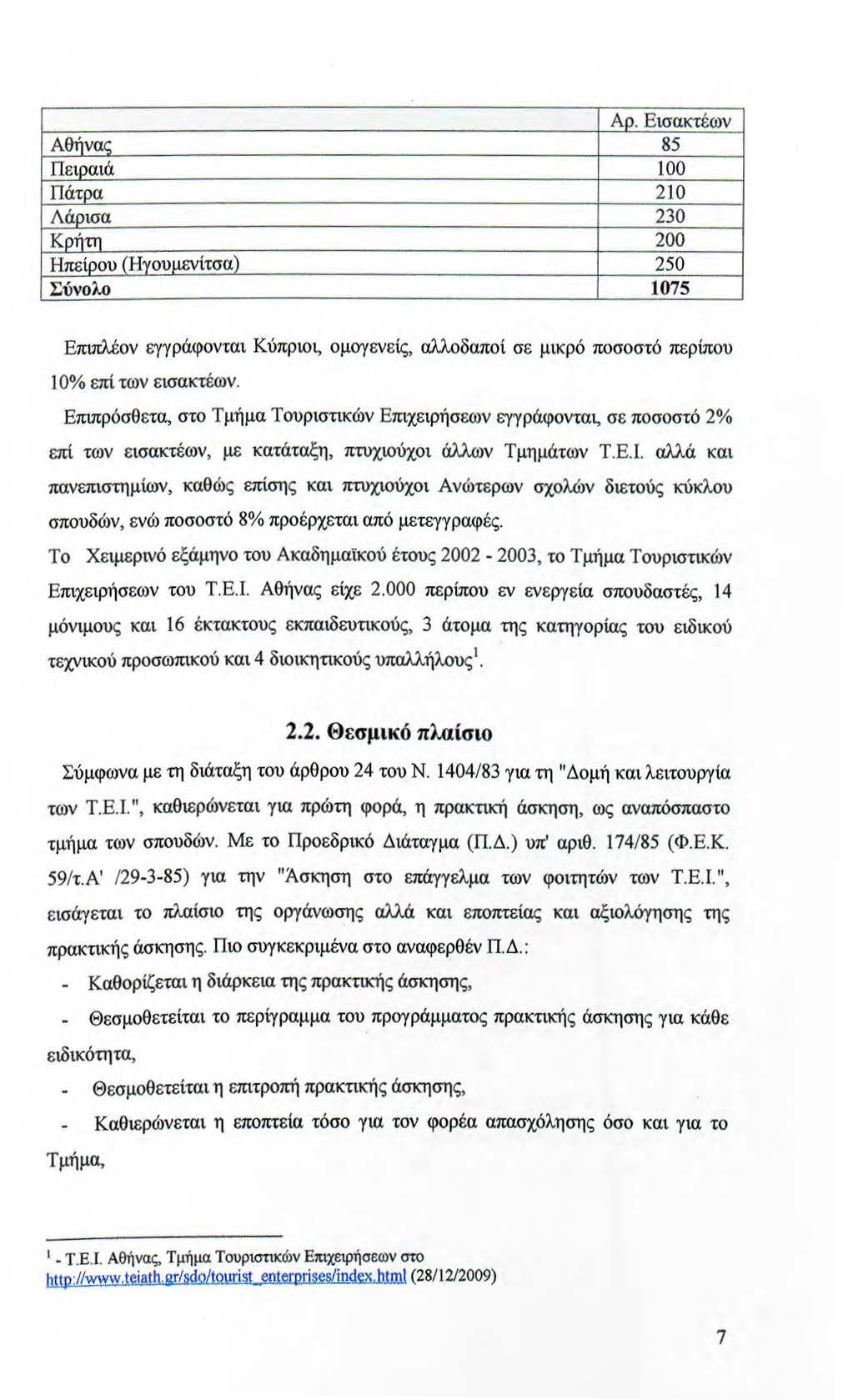 Αρ. Εισακτέων Αθήναc 85 Πειραιά 100 Πάτρα 210 Λάρισα 230 ΚρiJτη 200 ΗπεiΡου (Ηγουιιενίτσα) 250 Σύνολο 1075 Εmπλέον εγγράφονται Κύπριο ι, ομογενείς, αλλοδαποί σε μικρό ποσοστό περίπου 10% επί των