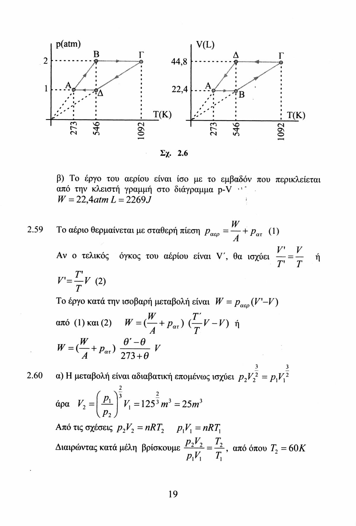 p(atm) V(L) T(K) Σχ. 2.6 β) To έργο του αερίου είναι ίσο με το εμβαδόν που περικλείεται από την κλειστή γραμμή στο διάγραμμα p-v '' W = 22,4atm L = 2269J > 2.