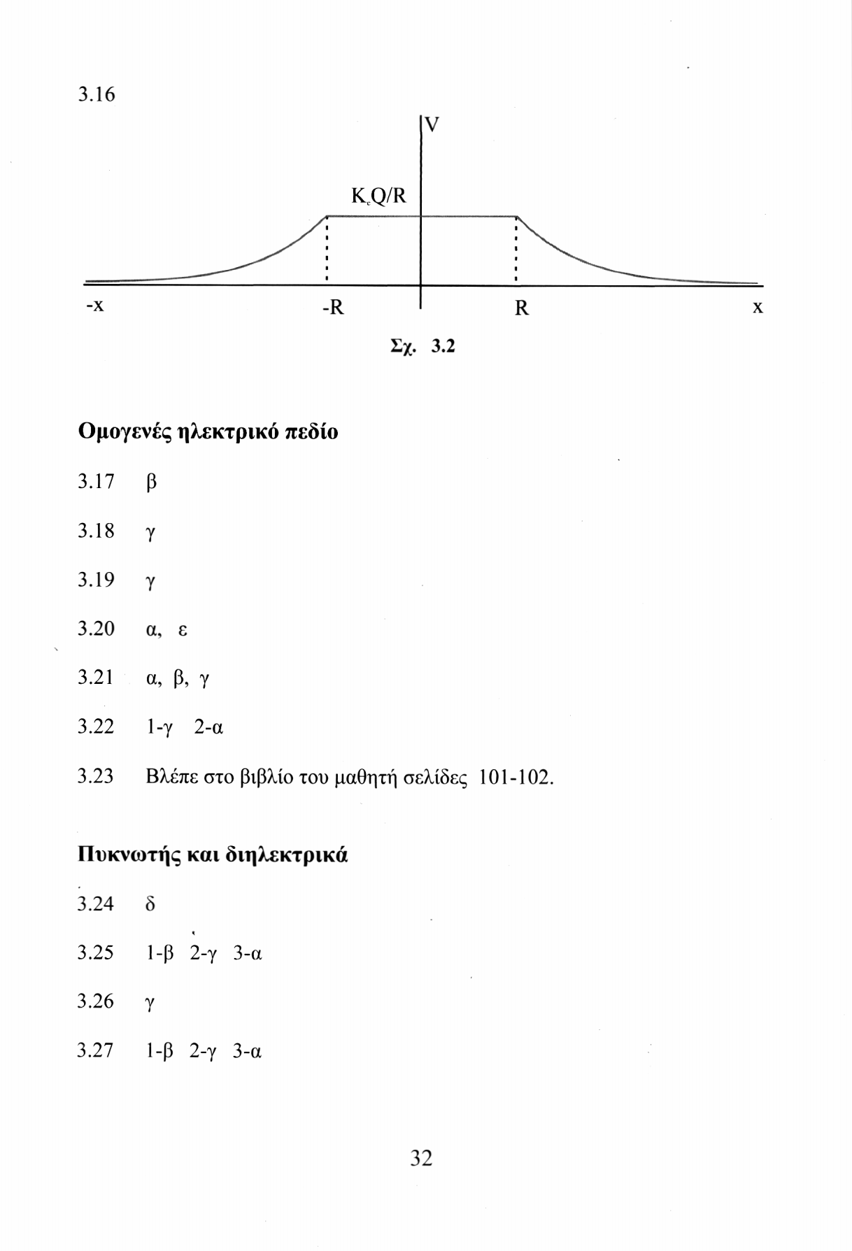 3.16 v K C Q/R -χ -R R Σχ. 3.2 Ομογενές ηλεκτρικό πεδίο 3.17 β 3.18 γ 3.19 γ 3.20 α. ε 3.21 α, β, γ 3.22 1-γ 2-α 3.