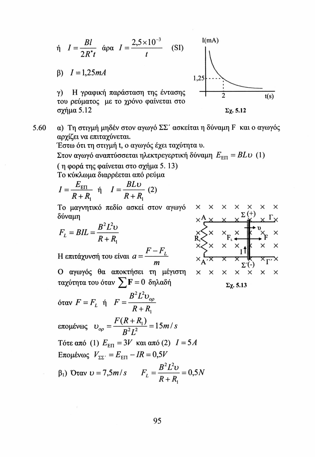 ή /= Bl 2 R't άρα / = 2,5x10-3 (SI) I(mA) β) / = 1,25/μΛ γ) Η γραφική παράσταση της έντασης του ρεύματος με το χρόνο φαίνεται στο σχήμα 5.12 1,25 2 t(s) Σχ. 5.12 5.