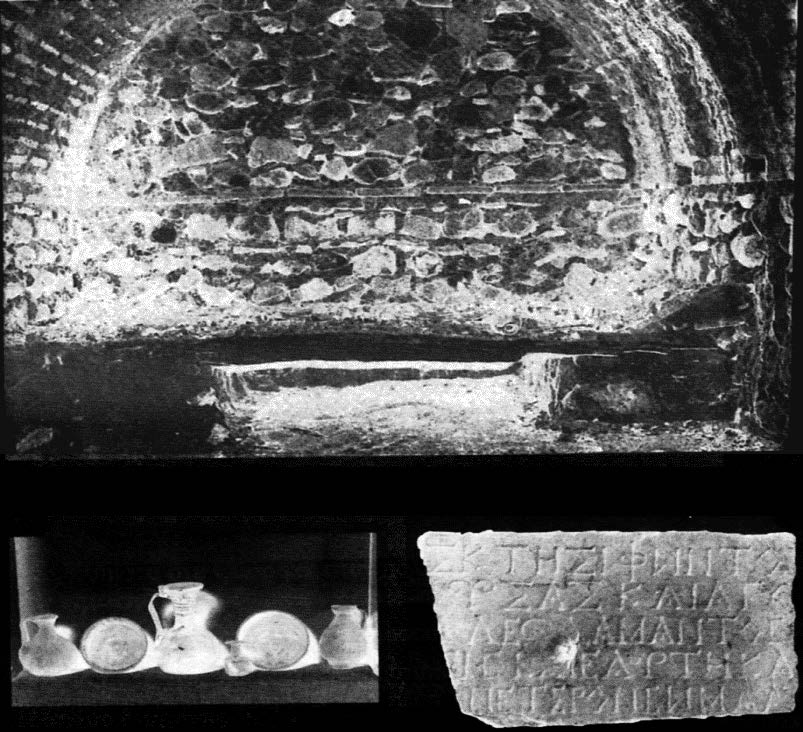 Ιστορία του νομού Σερρών κατά την Αρχαιότητα 213 Τάφος, κτερίσματα και επιτύμβια στήλη από το ρωμαϊκό νεκροταφείο είχε κάτω διαπιστώθηκε ότι ήταν στοά υδραγωγείου.