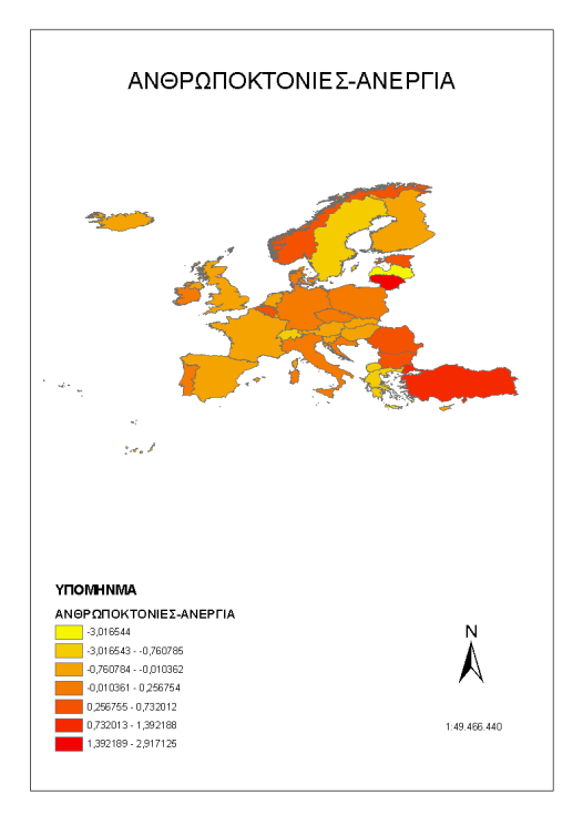 Σχήμα 3.5: Γεωγραφικά σταθμισμένη παλινδρόμηση για τις ανθρωποκτονίες την τριετία 2008-10 Από το ολικό γραμμικό μοντέλο προκύπτει ότι αν αυξήσουμε τον αριθμό των αστυνομικών κατά 1 για κάθε 1.