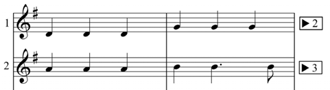 Ο τρόπος αυτός δείχνει τον τρόπο κατασκευής από τον συνθέτη και όχι το πώς πραγματικά τραγουδιέται. Οι φωνές του ροντέλους μπαίνουν σύμφωνα με αριθμούς που δείχνουν την είσοδο κάθε φωνής.