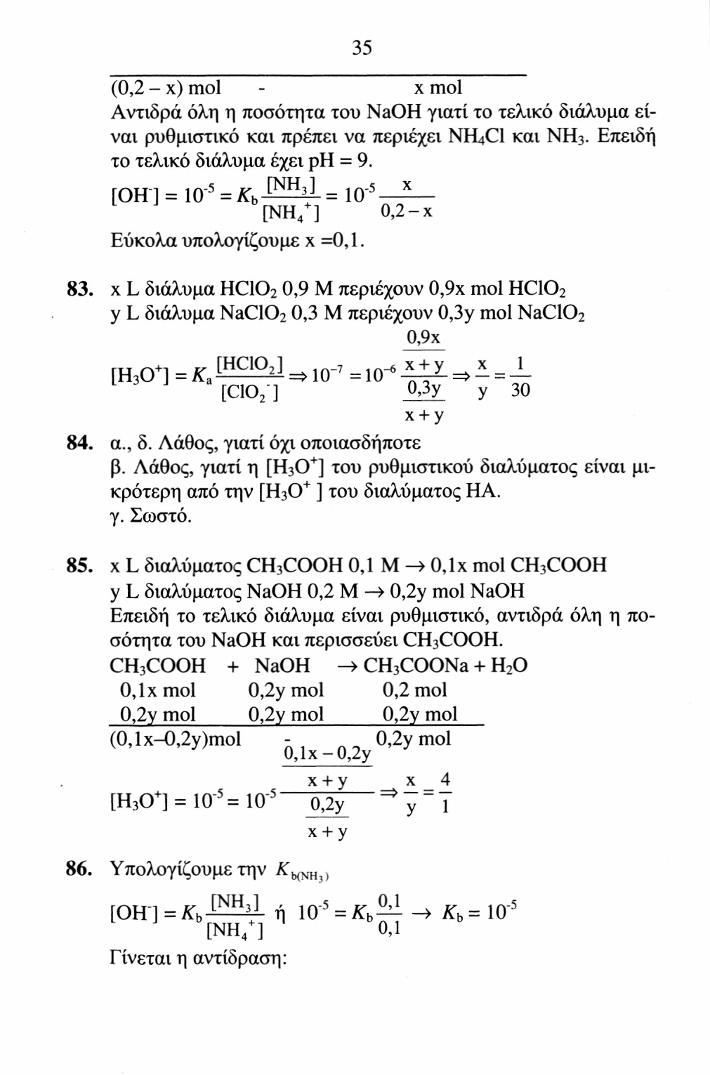 35 (0,2 - χ) mol - χ mol Αντιδρά όλη η ποσότητα του NaOH γιατί το τελικό διάλυμα είναι ρυθμιστικό και πρέπει να περιέχει NH 4 Cl και NH 3. Επειδή το τελικό διάλυμα έχει ρη = 9.
