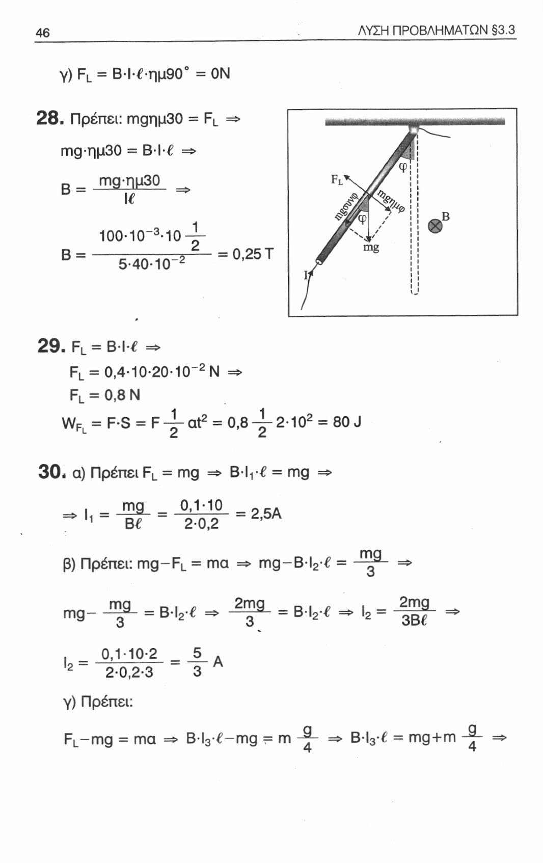 46 ΛΥΣΗ ΠΡΟΒΛΗΜΑΤΩΝ 3.3 γ) F L = ΒΊ ημ90 = ON 28. Πρέπει; ιτ^ημ30 = F L = ιτ^ ημ30 = Β Ι => Β = ηπρ ημ30 ^ Β = 100-10~ 3-10 - 5-40-10-2 = 0,25 Τ 29.