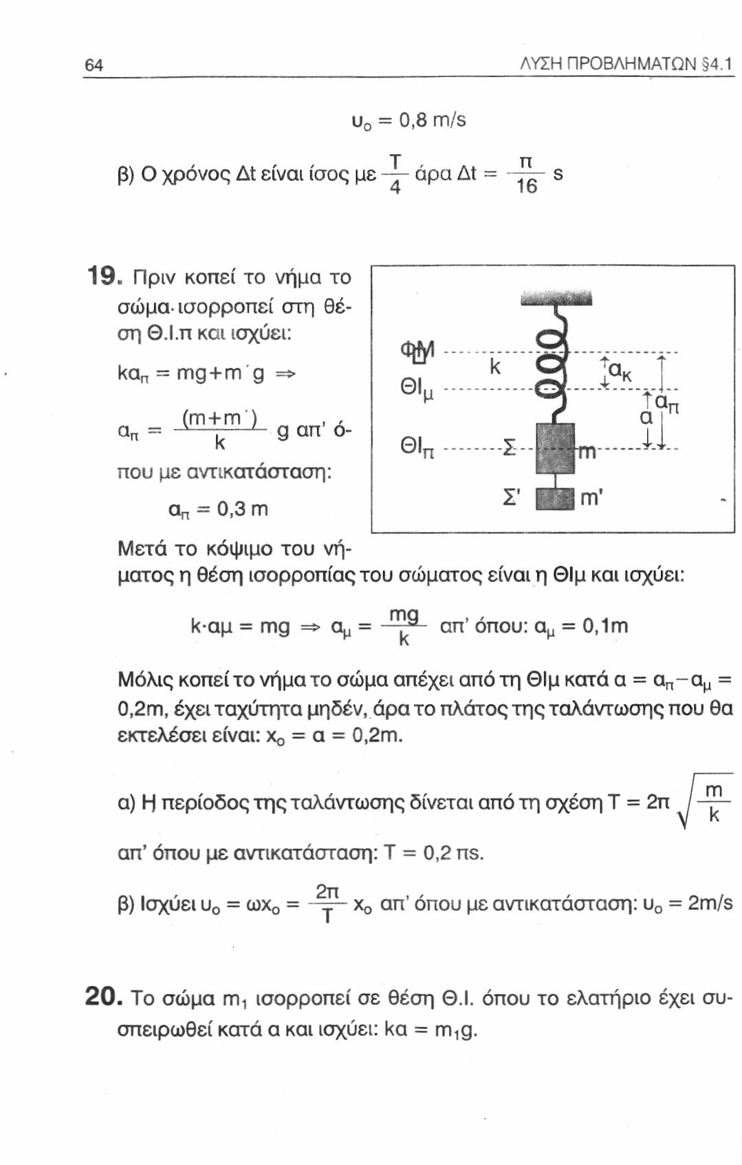 64 ΛΥΣΗ ΠΡΟΒΛΗΜΑΤΩΝ 4.1 U 0 = 0,8 m/s β) Ο χρόνος At είναι ίσος με άρα At = s 19. Πριν κοπεί το νήμα το σώμα-ισορροπεί στη θέση Θ.Ι.