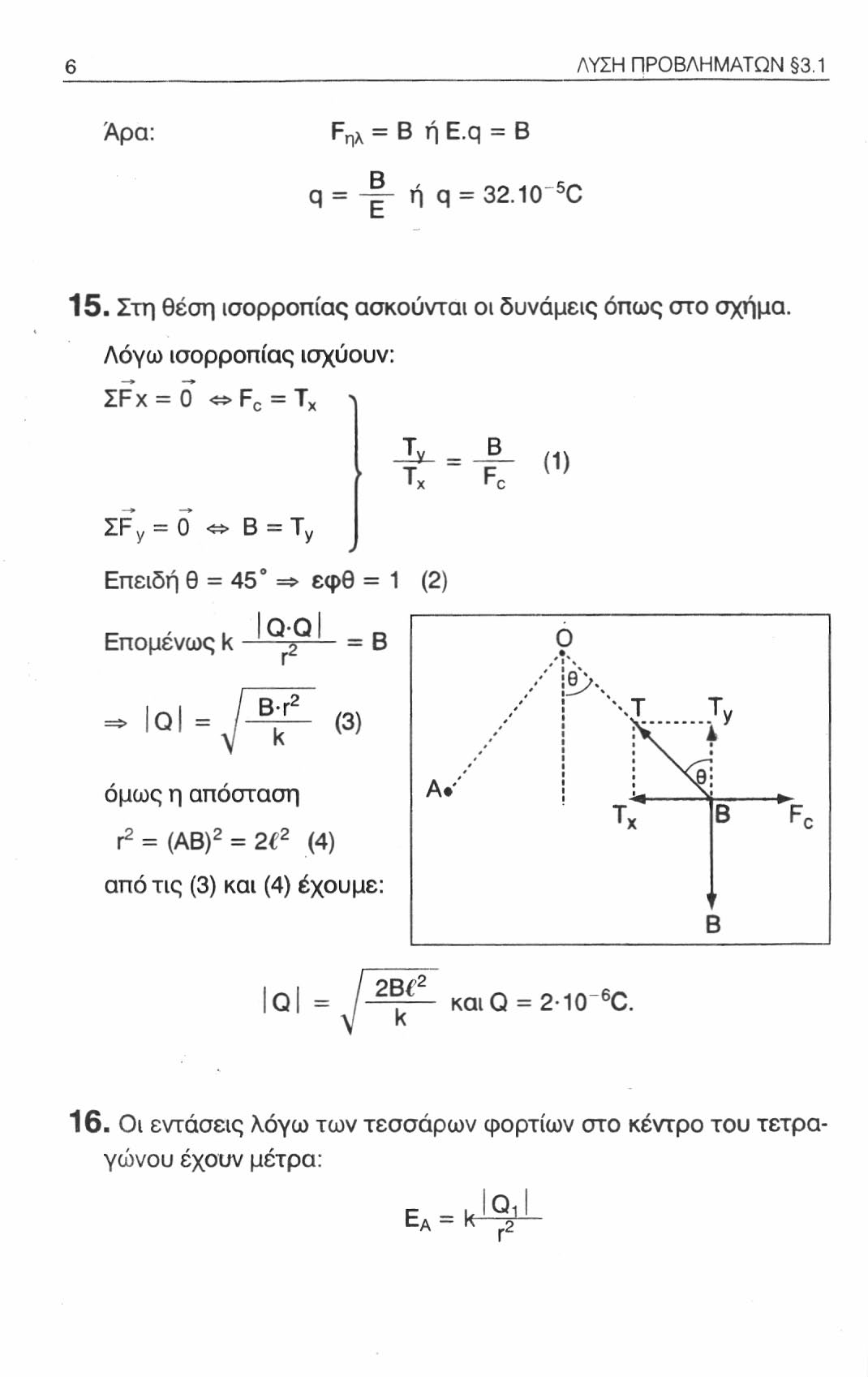 ΛΥΣΗ ΠΡΟΒΛΗΜΑΤΩΝ 3.1 Άρα: F nx = Β ή E.q = Β q = - - ή q = 32.10" 5 C 15. Στη θέση ισορροπίας ασκούνται οι δυνάμεις όπως στο σχήμα.