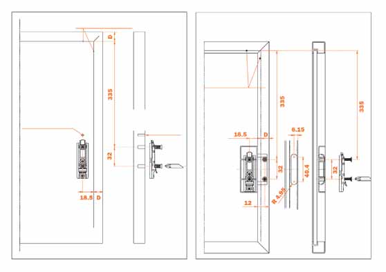 .14 Μηχανισμοί ανακλινόμενων πορτών SALICE Οδηγίες τοποθέτησης συστήματος PARALLEL (κατόπιν παραγγελίας) Διατρήσεις για ξύλινη πόρτα και πόρτα