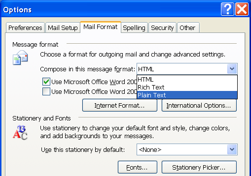 Αλλαγή προεπιλεγμέμοσ ηρόποσ αποζηολής Επηιέληε Tools -> Options -> Mail Format. Σημ πεδίμ «Message format» -> «Compose in this message format:» δηαιέληε Plain Text θαη παηήζηε ΟΚ. 2.