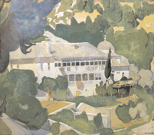 Mονή από τις Kαρυές, 1924. Λάδι σε χαρτόνι. 45X55 εκ. Iδιωτική συλλογή. Xρονολόγιο Σπύρου Παπαλουκά 1892 Γεννιέται στη Δεσφίνα Παρνασσίδας.