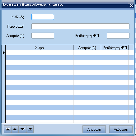 ATLANTIS ERP 208 ασµολογικές κλάσεις Με την επιλογή αυτή διαχειρίζεστε τον πίνακα µε τις δασµολογικές κλάσεις των ειδών της αποθήκης. Ο πίνακας χρησιµοποιείται στην κοστολόγηση εισαγωγών εξαγωγών.