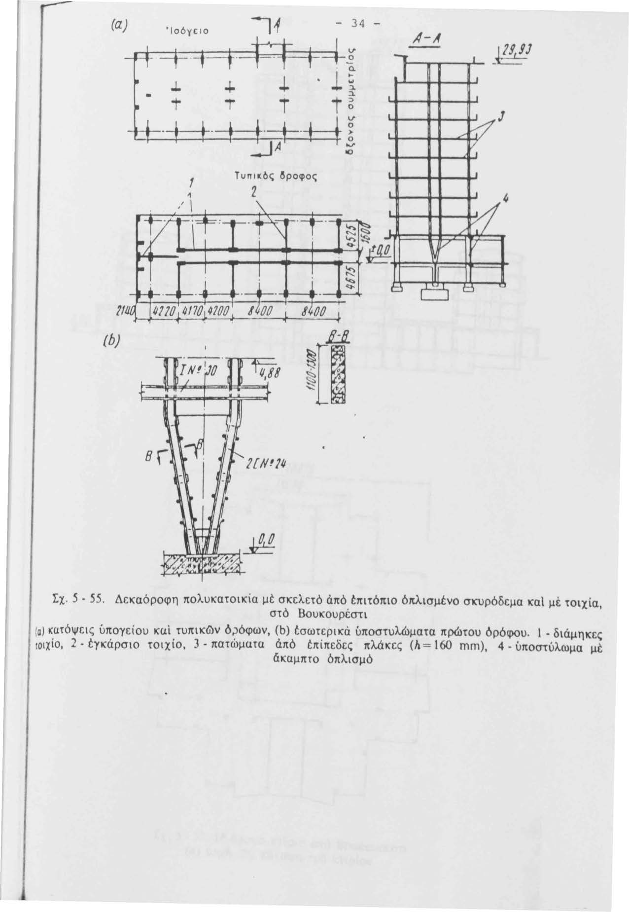 (α) 11 34 Ίσό γc 1 0 v ο. l~ J. +..ι. ::ι t ί r t~ _:_JA v ο > ο..., 1() ΑΑ _J l!,.9j 1 Τunικός 2 δροφος (b) Σχ. 5 55. Δεκαόροφη πολυκατοικία μt σκελετό ά.πό έπιτόπιο ό7tλισμ.