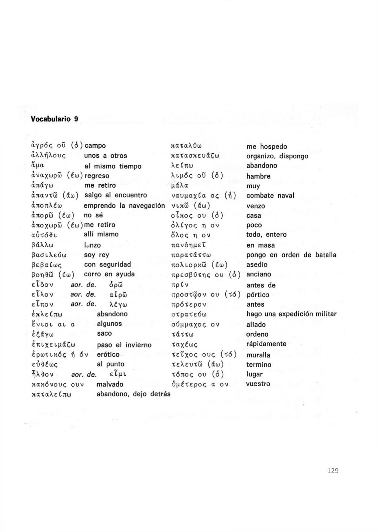 Vocabulario 9 αγρός ου (ó ) campo καταλύω me hospedo αλλήλους unos a otros κατασκευάζω organizo, dispongo άμα al mismo tiempo λείπω abandono αναχωρώ (έω) regreso λιμός ου (ό) hambre απάγω me retiro