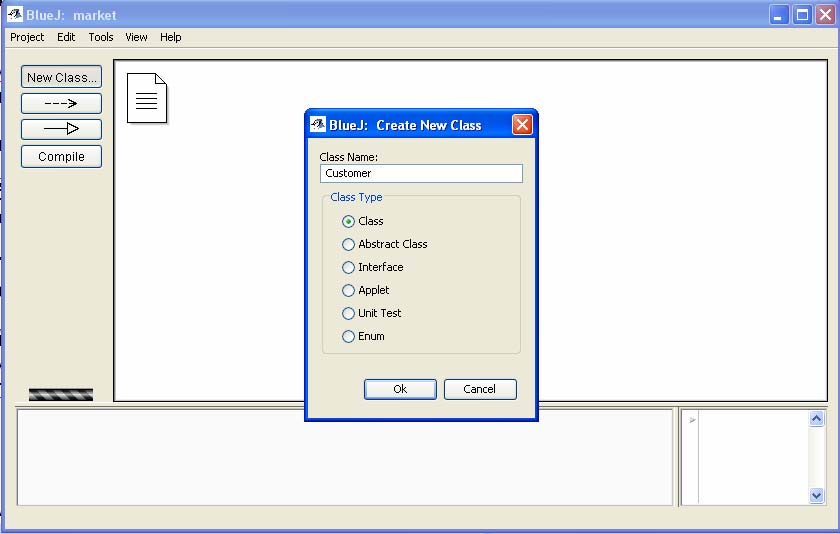 Εικόνα 2-1. Δημιουργία κλάσης στο BlueJ Στην Εικόνα 2-1 παρουσιάζεται η δημιουργία της κλάσης Customer.