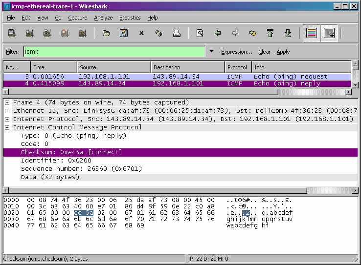 3. Το ICMP type έχει τιμή 8 και ο code 0. Περιλαμβάνει επίσης τα πεδία checksum, identifier, sequence number, και data. Τα πεδία checksum, sequence number και identifier καταλαμβάνουν 2 bytes εξίσου.