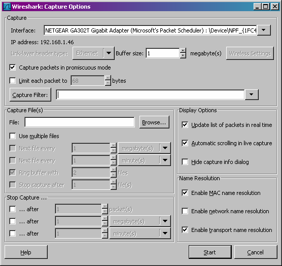 Σχ.24 Παράθυρο Capture Options του Wireshark 4.Μπορουμε να χρησιµοποιήσουμε όλες τις προεπιλεγµένες τιµές αυτού του παραθύρου.