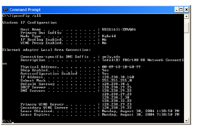Σχ.29 Screenshot για την εντολή ipconfig/all Tο ipconfig είναι επίσης πολύ χρήσιμο για πληροφοριές DNS που είναι αποθηκευμένες στο τερματικό μας σύστημα.