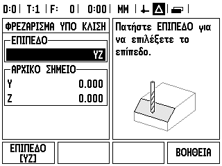 I.3 Ειδικές λειτουργίες Φρέζας Κουμπί λειτουργιών Φρεζάρισμα υπό κλίση Απαιτούμενες πληροφορίες: Επίπεδο: Ο άξονας στον οποίο θα μετακινηθεί το εργαλείο. Αρχικό σημείο: η αρχή της γραμμής.