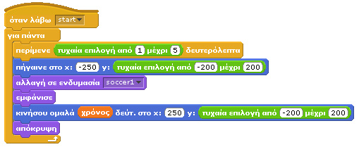 Η εντολή περίμενε δευτερόλεπτα, επιτρέπει στο χρήστη να δει έστω και για λίγο την εμφάνιση έκρηξης του στόχου. Τέλος, το σενάριο της κίνησης πρέπει να ξεκινά όταν το σκηνικό μεταδώσει το σήμα «start».