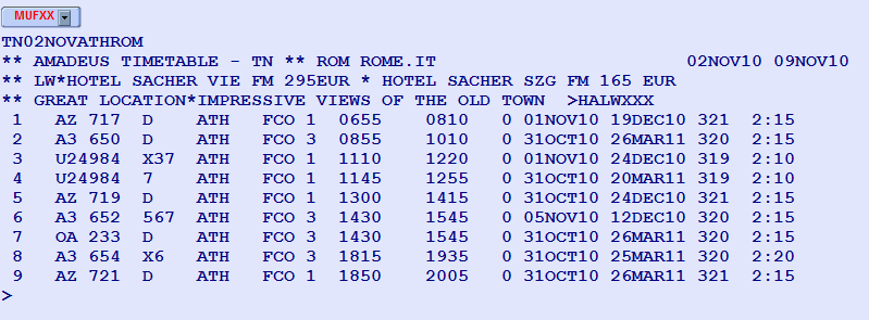 TIMETABLE προβολή δρομολογίων HE TN Συχνότητα πτήσεων για συγκεκριμένο ζεύγος πόλεων.