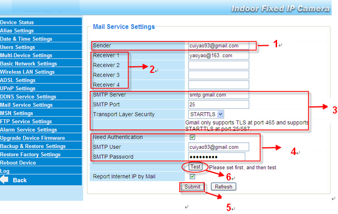 3.11 Mail Service Settings (Ρυθμίσεις υπηρεσίας E-mail) Αν θέλετε η κάμερα να στέλνει email όταν εντοπιστεί κίνηση, θα πρέπει να κάνετε τις ρυθμίσεις, Mail Service Settings. 1 3 4 Εικόνα 3.