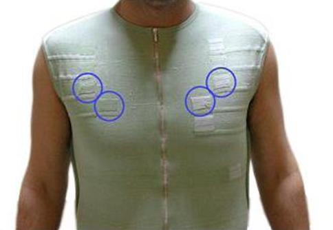 Κεφάλαιο 3 - Συσκευές Εικόνα 3.11-7 : Οι αισθητήρες κίνησης του έξυπνου ενδύματος Για μετρήσεις αναπνοής, τέσσερα ηλεκτρόδια τοποθετούνται στη θωρακική θέση.