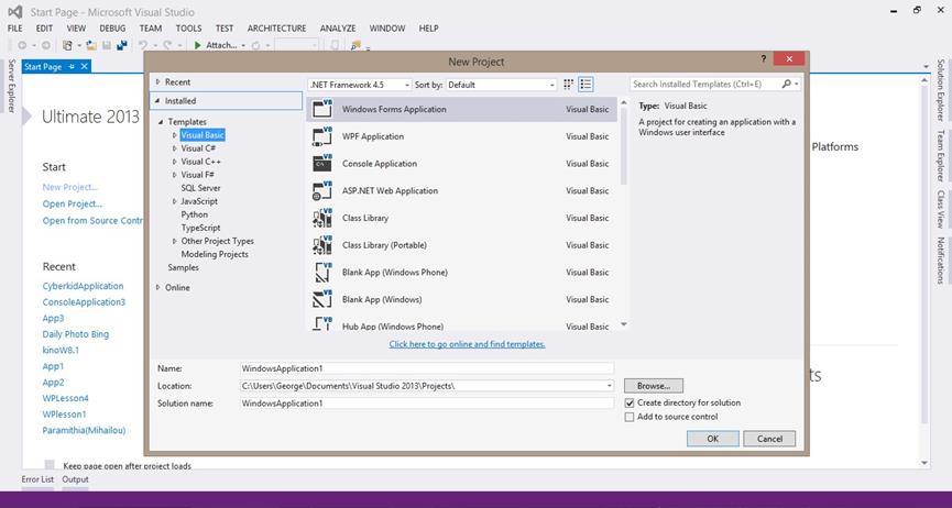 Δημιουργία νέου project από την αρχική σελίδα του Visual Studio 2013.