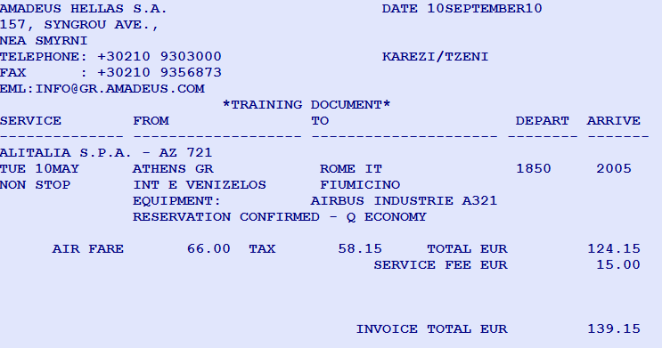 Service Fee on Invoice itinerary receipt «INV».