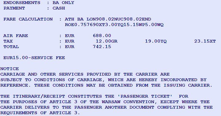 Service Fee on Electronic Passenger Itinerary receipt «ITR».