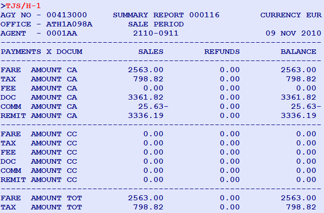 4. Summary Sales Period report - TJS Με την εντολή TJS, το σύστημα σας δίνει το summary sales period report με όλα τα εισιτήρια που έχουν εκδοθεί σε μία συγκεκριμένη sales period με τα σύνολα