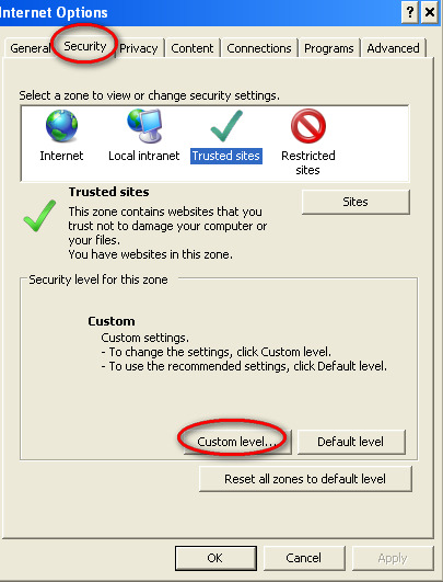Βήµα 1 Από το µενού του Internet Explorer επιλέξτε Tools Internet Options Security Custom