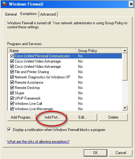ενεργοποιηµένο ένδειξη On, επιλέξτε Exceptions Add Port όπως