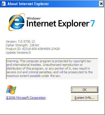 Μενού Internet Explorer -> Help About Internet Explorer.