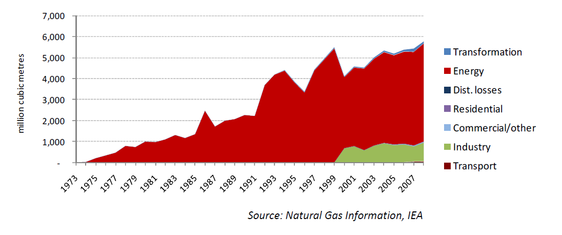 βιομηχανία, ιδίως όσον αφορά το φυσικό αέριο όταν αυτό χρησιμοποιείται ως πρώτη ύλη για την παραγωγή χημικών προϊόντων. Η κατανάλωση είναι ελάχιστη σε όλους τους άλλους τομείς.