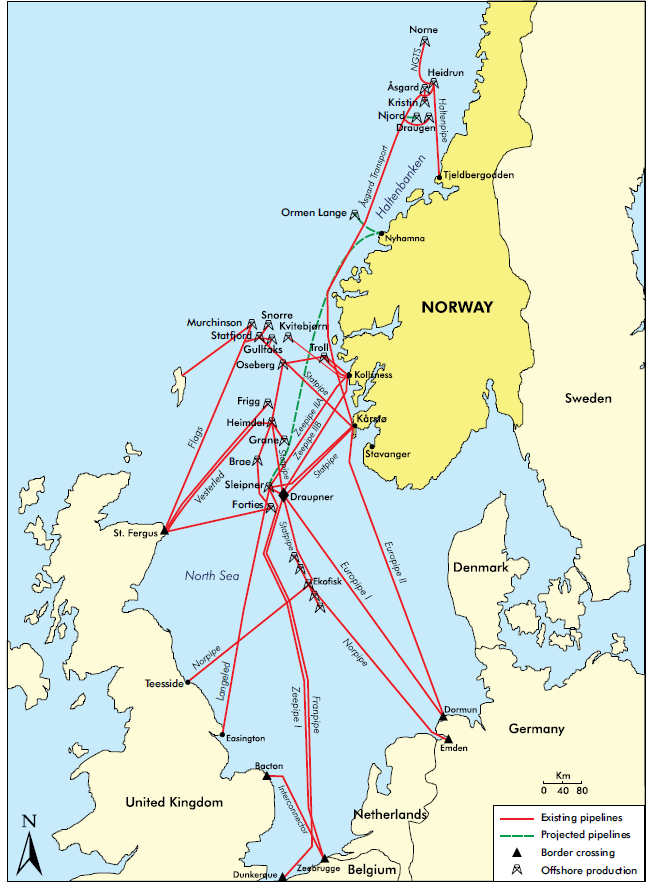 Οι αγωγοί που χτίστηκαν στη Νορβηγία καλύπτουν πολύ περιορισμένες γεωγραφικές περιοχές: Η Gasnor έχει περίπου 100 χλμ. αγωγών στο νότιο-δυτικό τμήμα της Νορβηγίας, στην περιοχή Haugesund Karmøy.