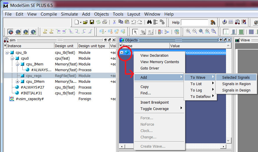 Εικόνα 13. Επιλογή του cpu_tb για τη διαδικασία της προσομοίωσης Δεξιά του νέο παράθυρου που ανοίγει εμφανίζεται το κενό wave.
