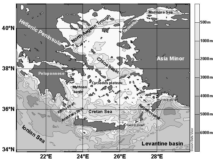Κεφάλαιο 4 Η Θάλασσα του Αιγαίου Πελάγους Εικόνα 14: Βασικά τοπογραφικά χαρακτηριστικά της ευρύτερης περιοχής του Αιγαίου πελάγους (Aegean Sea Workshop, 2002).