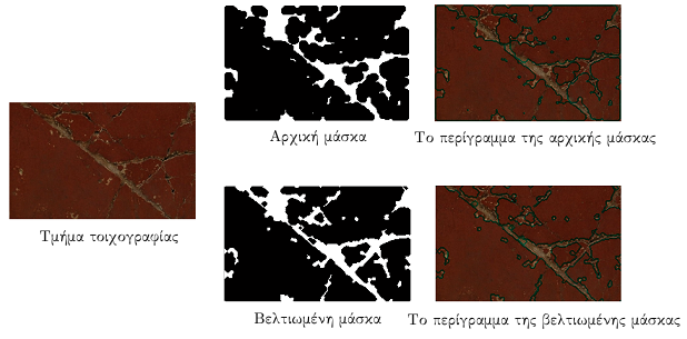 48 Κεφάλαιο 2: Αυτόματη εύρεση ελλειπόντων τμημάτων στις τοιχογραφίες Για την ποσοτική αξιολόγηση της εξαχθείσας μάσκας με τον κάθε αλγόριθμο χρησιμοποιούνται ως δείκτες απόδοσης το precision που