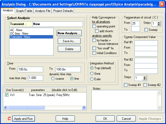 και ορίστε τις τιμές στα πεδία του χρόνου όπως βλέπετε παραπάνω. Ακόμη ορίστε τον τύπο ανάλυσης σε μεταβατική ανάλυση (Transient-New).