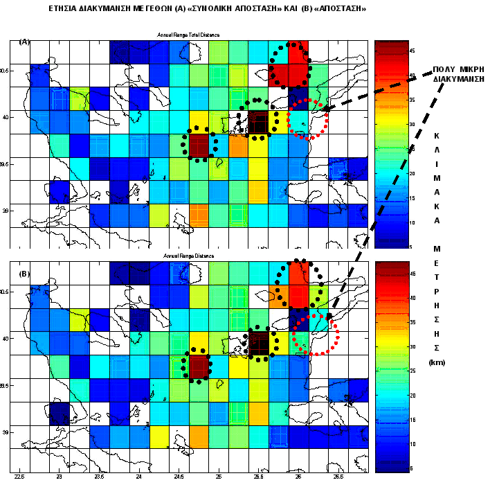 NAUSIVIOS CHORA, VOL. 5, 2014 Η ετήσια διακύμανση των δύο μεγεθών είναι επίσης πανομοιότυπη (σχήμα 20). Οι μέγιστες τιμές (οριοθετούνται με μαύρους διακεκομμένους κύκλους) παρατηρούνται ανατολικά ν.