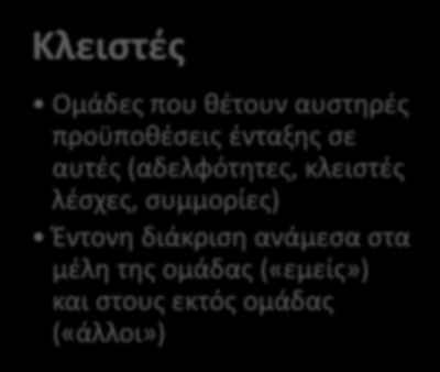 2 ο Κεφάλαιο Κοινωνικές Ομάδες Διάκριση Κοινωνικών Ομάδων (3) Ανοικτές Ελεύθερη συμμετοχή για όποιον συμφωνεί με τους σκοπούς και τις επιδιώξεις τους Ορισμένες φορές πρέπει να πληρούνται ελάχιστες