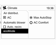 Σύστημα κλιματισμού 121 Στα οχήματα με σύστημα Stop-Start, είναι διαθέσιμες δύο ρυθμίσεις για τη λειτουργία του συστήματος κλιματισμού στη διάρκεια της λειτουργίας Autostop.