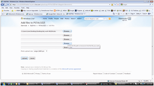 Σσνεργαζία 7. Για παοάδειγμα ηξ αοςείξ My work HELEN από ηξ Desktop. 8. Τέλξπ, επιλένηε Upload. Μημ κλείζεηε ή αλλάνεηε ηη ζελίδα αμ δεμ ηελειώζει ποώηα ηξ αμέβαζμα ηξρ αοςείξρ ζαπ.