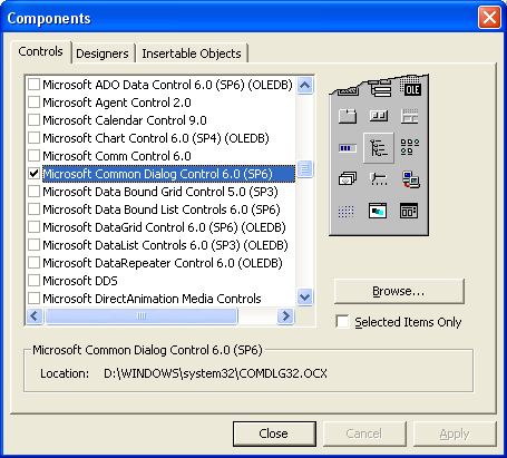 67 Microsoft Common Dialog Control : (Εργαλείο «κοινών διαλόγων») Όπως βλέπετε στην παραπάνω εικόνα «ψάξαµε» στο παράθυρο διαλόγου µε το όνοµα «Components» και τσεκάραµε την επιλογή «Microsoft Common