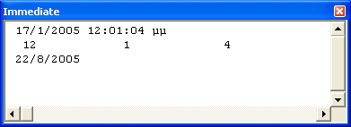 90 Παράδειγµα χρήσης συναρτήσεων ηµεροµηνίας και ώρας: Private Sub Command1_Click() Dim vmydate As Variant, AnotherDate As Date vmydate = Now Debug.Print vmydate Debug.