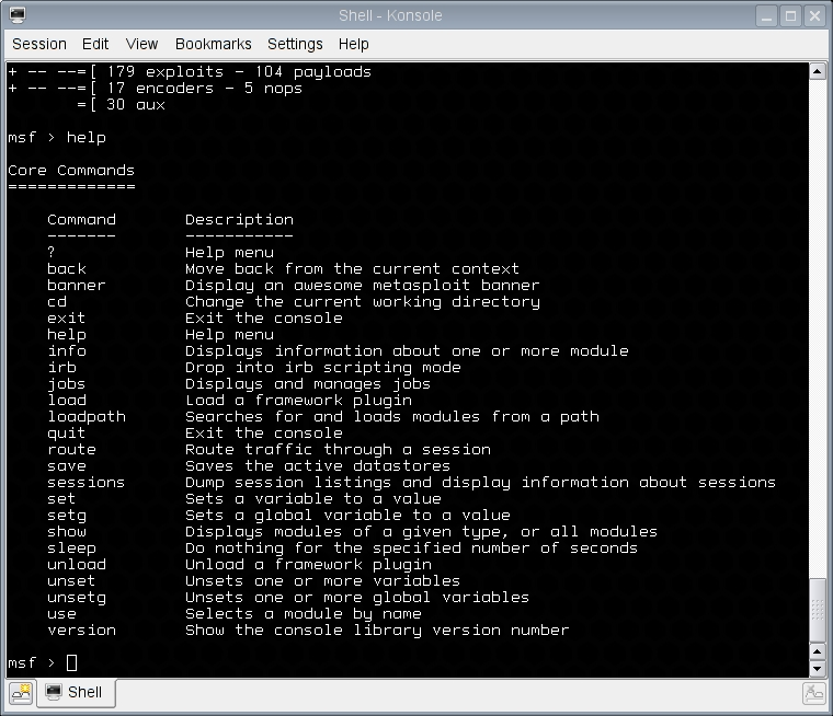 exploits, τα payloads, τους κωδικοποιητές, τα NOPs και τα επικουρικά modules (aux) που είναι διαθέσιµα. Εικόνα 5.2. Η mfsconsole διεπαφή.