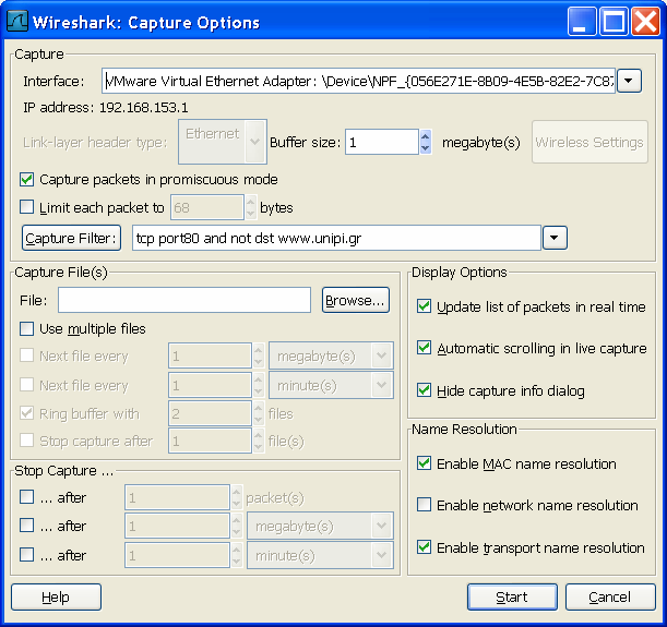 (display filters), όπου χρησιµοποιώντας ονόµατα πεδίων πακέτων και ονόµατα πρωτοκόλλων, κατακρατούν µέρος της πληροφορίας τόσο κατά τη διάρκεια καταγραφής των πακέτων,όσο και αφού έχει ολοκληρωθεί η