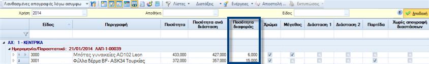 ποσοτικά υπόλοιπα Διαστάσεων και του υπολοίπου σε επίπεδο είδους.