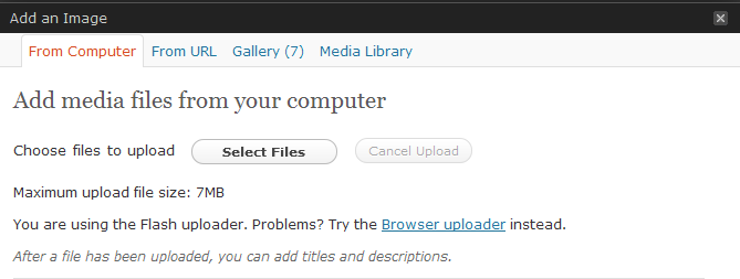Upload / insert a media file You can add / upload a media file either from your computer, from a url, or the gallery of the existing and already uploaded media files.